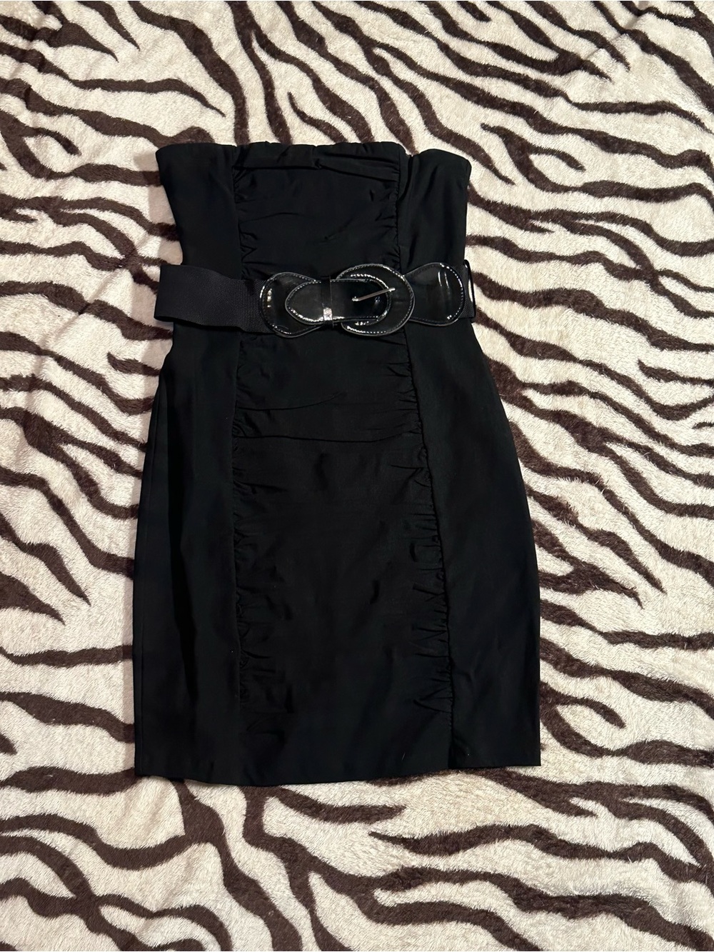 Body Central Black Strapless Mini Dress with Glossy Statement Belt